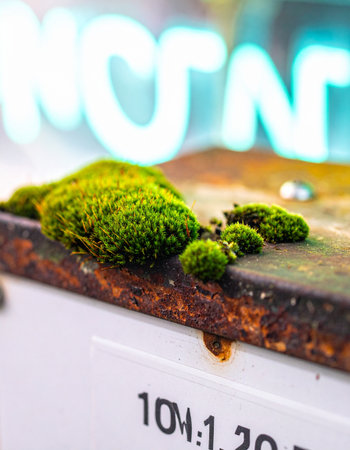 In a forgotten corner of the city, vibrant green moss thrives on a decaying, rusty metal ledge.の素材