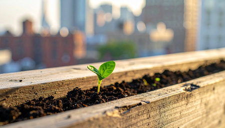 In a rustic wooden planter set against a blurred city skyline, a single, determined seedling pushes through the soil.の素材