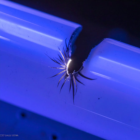 A high-energy laser beam makes contact with a metal surface, creating a brilliant starburst of light and sparks.の素材