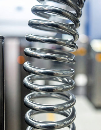 A detailed macro shot captures the polished surface and powerful form of an industrial metal spring.の素材