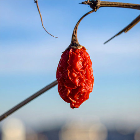 A single, intensely red chili pepper, wrinkled and dried by the sun, hangs from a bare vine.の素材