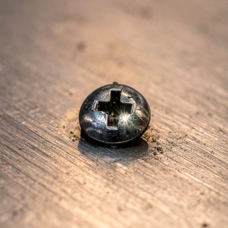 A detailed macro photograph captures the metallic sheen and precise cross-shaped recess of a Phillips head screw, firmly set into a textured, industrial surface.の素材