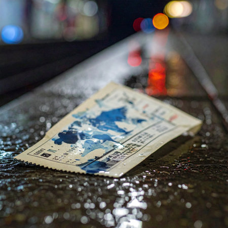 A piece of classic Japanese art, perhaps a candy wrapper or a discarded flyer, lies forgotten on the wet pavement of a city street.の素材