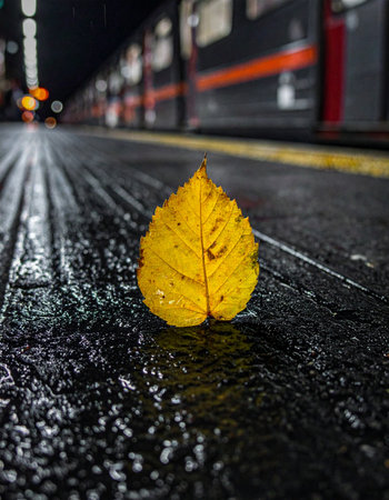 A single, vibrant yellow autumn leaf rests on the dark, wet pavement of a train platform at night.の素材