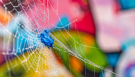 A delicate spiderweb, adorned with glistening morning dew, creates an intricate natural pattern.の素材