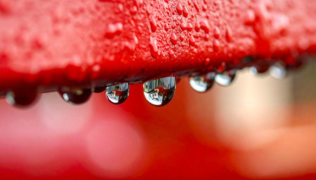 A row of perfect water droplets clings to a rough red surface after a recent shower.の素材