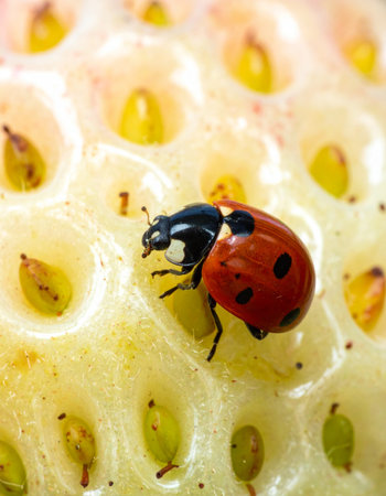 In a detailed macro view, a vibrant red ladybug with distinct black spots carefully navigates the textured, seed-pocked landscape of a white, unripe strawberry.の素材