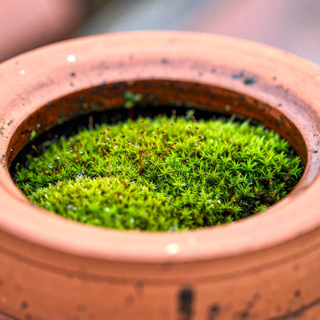 A miniature world of vibrant green moss thrives within the rustic confines of a terracotta pot.の素材