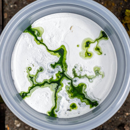 From a top-down perspective, vibrant green tendrils spread like a living network across a pristine white liquid.の素材
