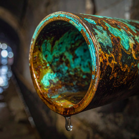 A single drop of water clings to the edge of a heavily corroded copper pipe, its interior a stunning but troubling landscape of green and blue patina.の素材