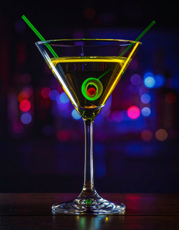 A stylish martini, garnished with a glowing olive, stands ready on a bar top.の素材