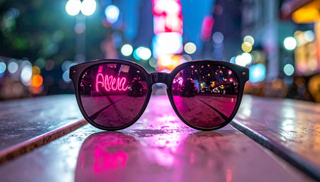 A pair of stylish sunglasses rests on a table, capturing the vibrant, electric energy of the city at night.の素材