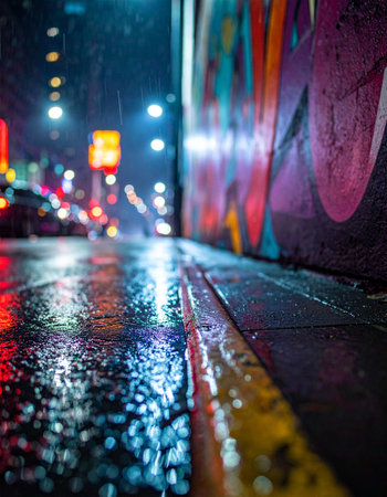 Neon lights and vibrant graffiti bleed across the wet pavement on a rainy city night.の素材