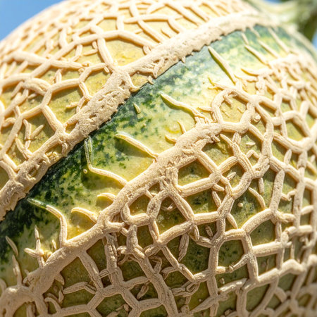 A detailed macro photograph captures the complex, web-like texture of a ripe cantaloupe's skin.の素材