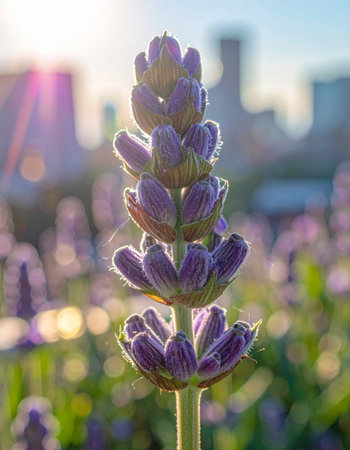 A single lavender stalk stands tall, its delicate buds catching the last golden rays of a sunset.の素材