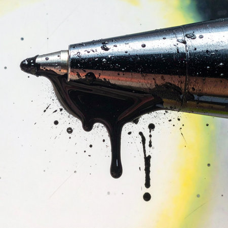 A dramatic macro shot captures the moment of failure as a ballpoint pen succumbs to pressure, leaking a thick, black ink.の素材