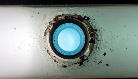 A mysterious, bright blue light glows from behind a grimy, old door peephole.の素材