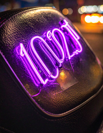 A vibrant purple neon sign glows with '100%', illuminating a textured black leather seat against the soft bokeh of city lights at night.の素材