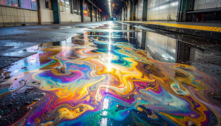 In the dim, gritty underworld of a city subway station, an unexpected splash of vibrant color emerges.の素材