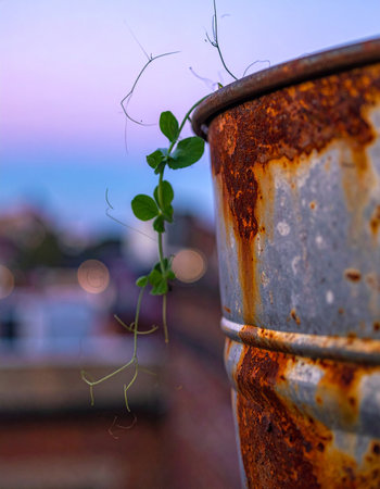 Against a soft twilight sky, a delicate green sprout emerges from a forgotten, rusty barrel.の素材