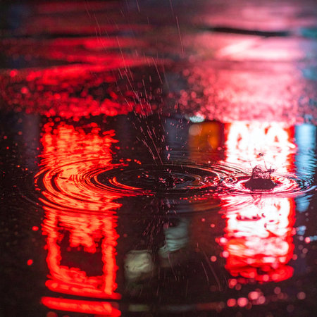 Raindrops create concentric ripples in a dark puddle, disturbing the vibrant reflection of red neon city lights.の素材