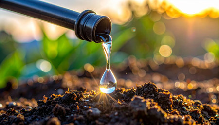 As the sun sets in a golden glow, a single, precious drop of water is delivered with precision to the rich, fertile soil.の素材
