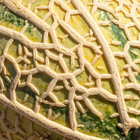 A detailed macro photograph capturing the intricate, web-like network on the rind of a fresh cantaloupe melon.の素材