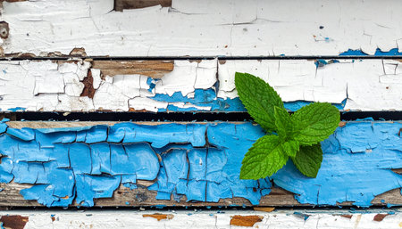 A single, vibrant sprig of green mint emerges against a backdrop of weathered wood with cracked and peeling blue and white paint.の素材