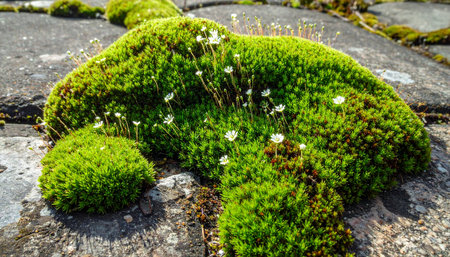 In a detailed close-up, a vibrant patch of lush green moss flourishes on the weathered surface of old stone tiles.の素材