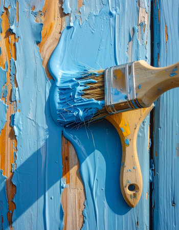 A paintbrush loaded with vibrant blue paint brings new life to a weathered, peeling surface.の素材