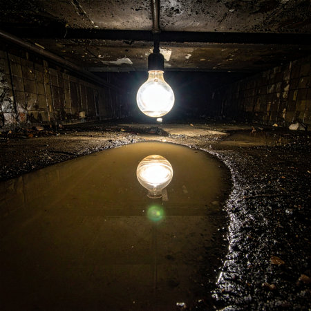 A single, bare lightbulb hangs in the oppressive darkness of a forgotten underground tunnel, its stark light reflected in a murky puddle on the flooded floor.の素材