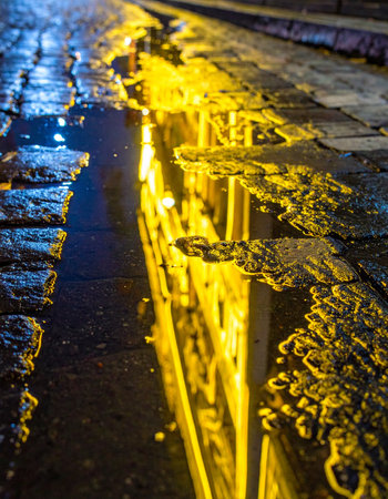 After a downpour, the city's vibrant lights paint a liquid canvas on an ancient cobblestone lane.の素材