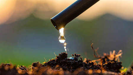 A single, precious drop of water is delivered with precision from a drip irrigation system, nurturing the rich, dark soil below.の素材