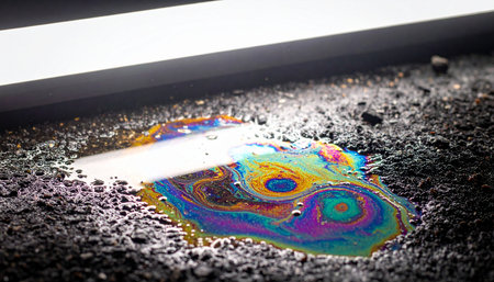 A vibrant, psychedelic rainbow of colors shimmers on the surface of a dark, wet pavement.の素材
