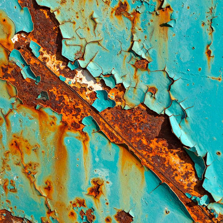 A close-up, abstract view captures the beautiful decay of a metal surface, where vibrant turquoise paint cracks and peels away to reveal the rich, orange texture of rust underneath.の素材