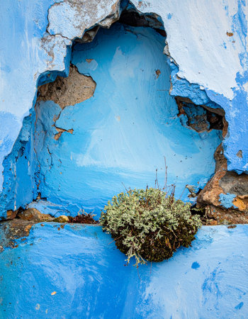 A small, tenacious plant sprouts from a crack in a brightly painted blue wall.の素材
