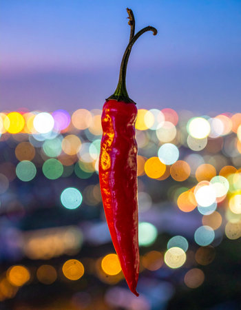 A single, fiery red chili pepper is held in sharp focus against a dreamy, out-of-focus backdrop of city lights at twilight.の素材
