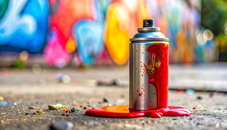 A can of red spray paint stands on the concrete, its contents spilling out after creating a vibrant masterpiece.の素材