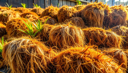 Rows of young seedlings begin their life cycle in biodegradable coconut coir pots, their roots intertwining with the natural fibers.の素材