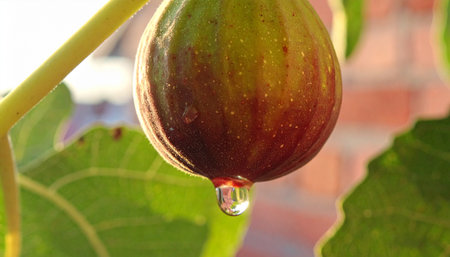 Bathed in the warm glow of the morning sun, a perfectly ripe fig hangs from its branch.の素材