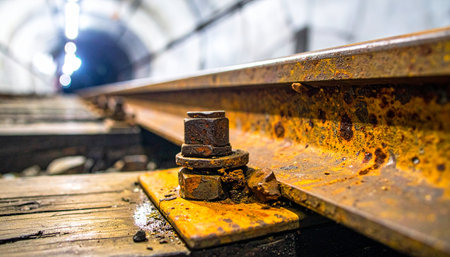 A close-up perspective on a weathered, rusty bolt securing an old railway track.の素材