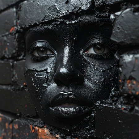 A mysterious face, covered in textured black paint, emerges from a dark, cracked wall.の素材