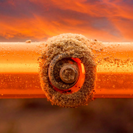 A macro detail of a sand-covered metal bolt on a railing, captured against the fiery glow of a dramatic sunset.の素材