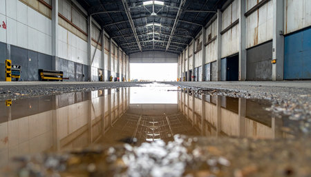 A low-angle perspective captures a puddle reflecting the vast, empty interior of an industrial warehouse.の素材