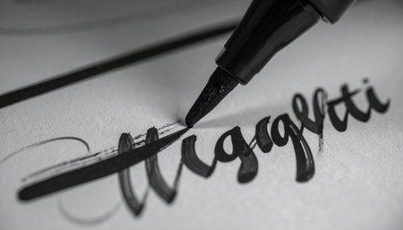 A close-up, black and white view captures the precise moment an artist's hand guides a brush pen across paper.の素材