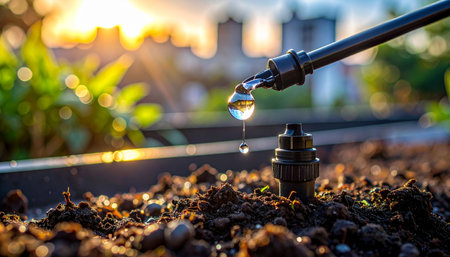 A single, precious drop of water falls from a drip irrigation emitter, precisely watering the rich soil in a garden.の素材