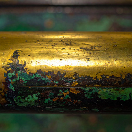 A macro view captures the beautiful decay of a brass pipe, where a brilliant golden sheen gives way to a complex texture of green and black oxidation.の素材