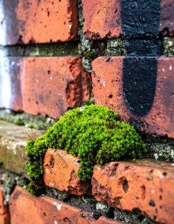 A vibrant clump of green moss tenaciously clings to a weathered red brick wall, symbolizing nature's persistent ability to thrive in unexpected places.の素材