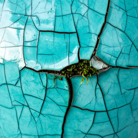 A tiny green plant demonstrates incredible resilience, sprouting through the deep cracks of an old, weathered turquoise surface.の素材
