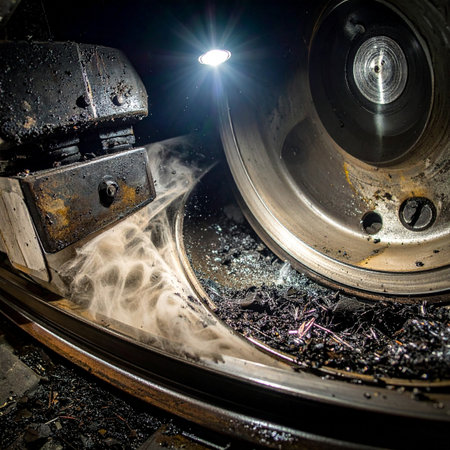 In the intense glow of a work light, a heavy-duty lathe meticulously machines a massive steel railway wheel.の素材